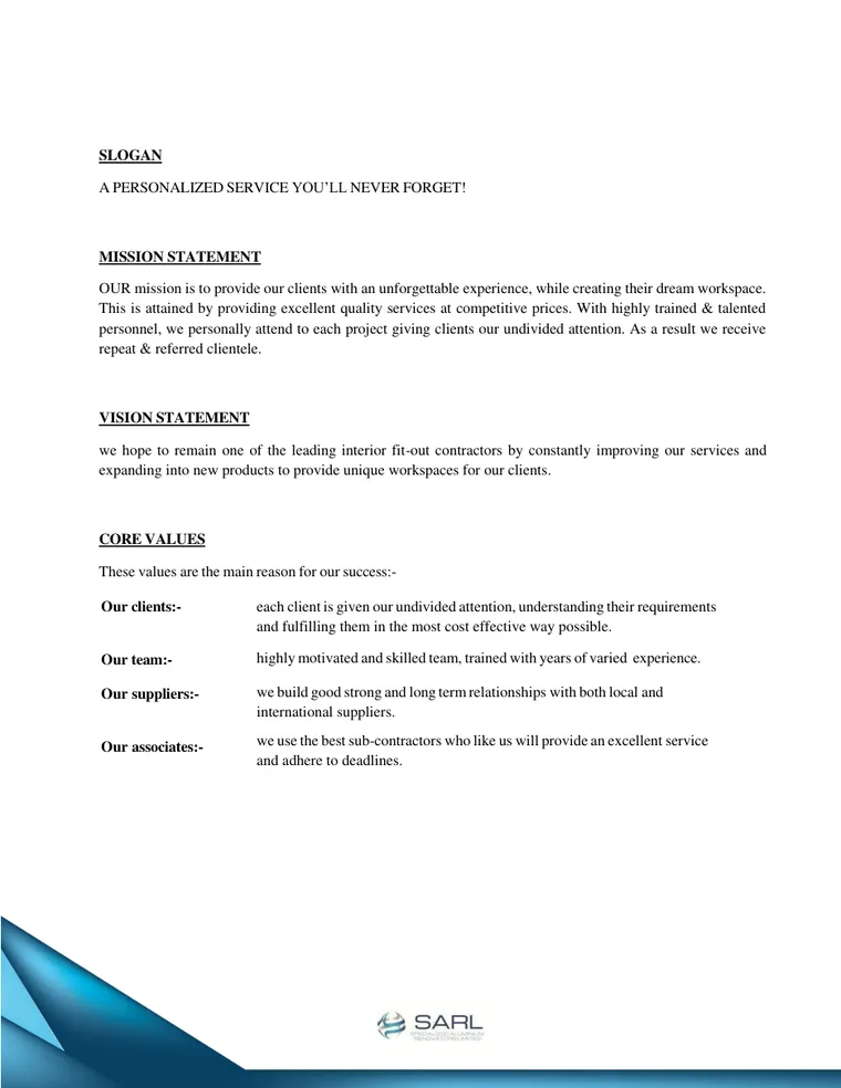 Inside page of the SARL profile