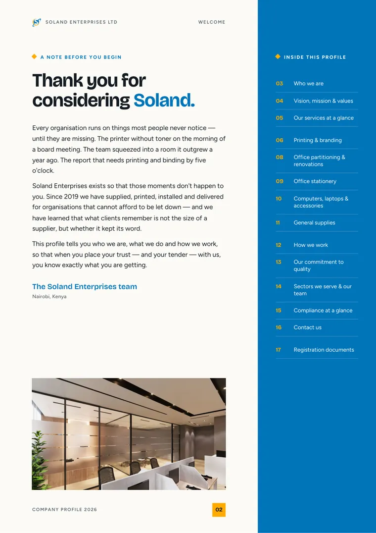 Inside page of the Soland Enterprises profile